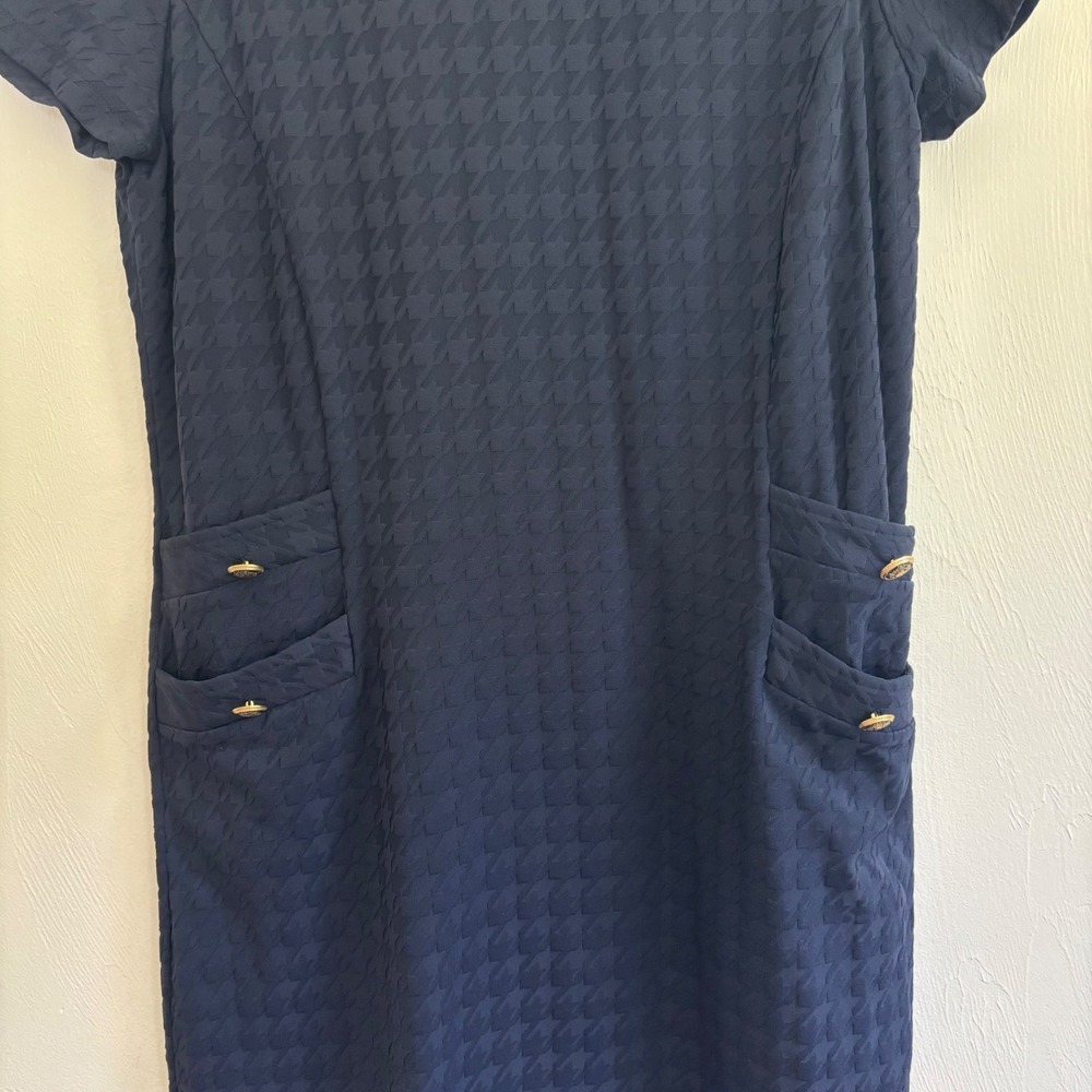 NWOT J.McLaughlin Talese Dress Navy Houndstooth Jacquard Sheath Shift Size Large - Picture 4 of 14